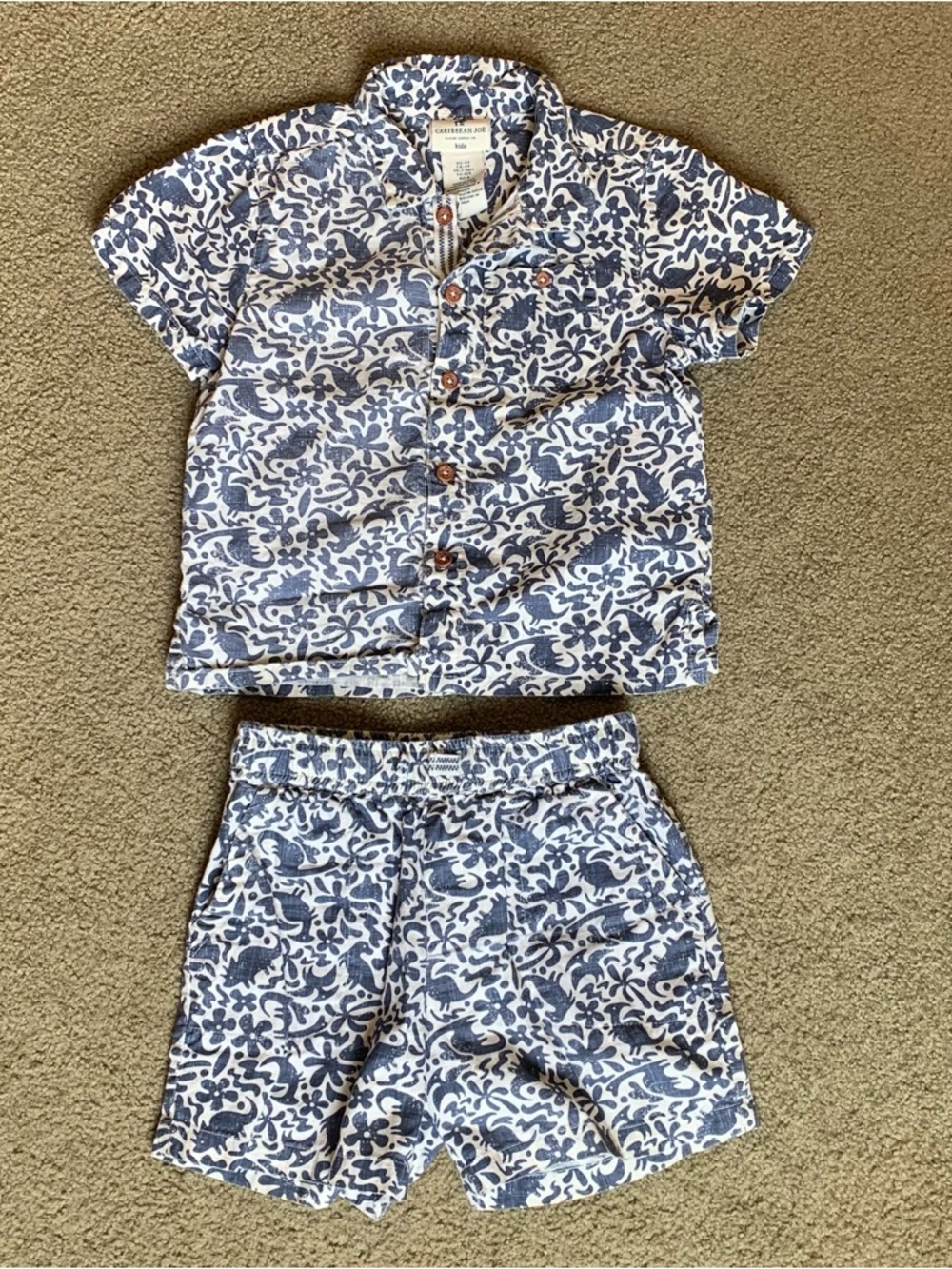 Caribbean Joe Blue and White Floral Short Sleeve Two Piece Hawaiian Shorts Set